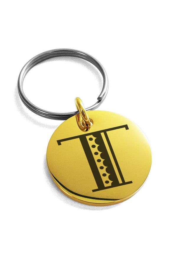 Stainless Steel Letter T Initial Metro Retro Monogram Engraved Small Medallion Circle Charm Keychain Keyring