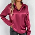 thumbnail image 6 of Button Down Shirts for Women Satin Work Office Tops - Dressy Loose Long Sleeve Lapel Casual Tunic Blouse Red L, 6 of 7