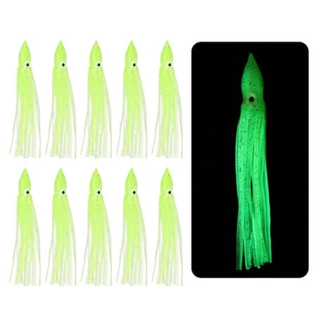 Fishing Squid Skirts Glow Soft Plastic Trolling Lures Luminous 4.7 x 0.5 Inch & 10 Pcs & Clear/Yellow -Fitting for (Bass/Trout)