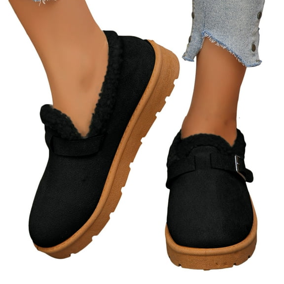 Rokment Womens Clogs Snow Boots Fashion Buckles Winter Warm Fleece Lined Comfy Platform Slip on Ankle Booties for Walking Nursing Black Size 6.5