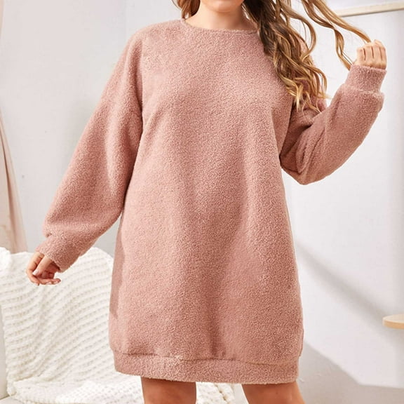 OSFVNOXV Plus Size Knit Nightgowns for Women Fleeced Lined Short Nightshirt Long Sleeve Loungewear for Warm Winter