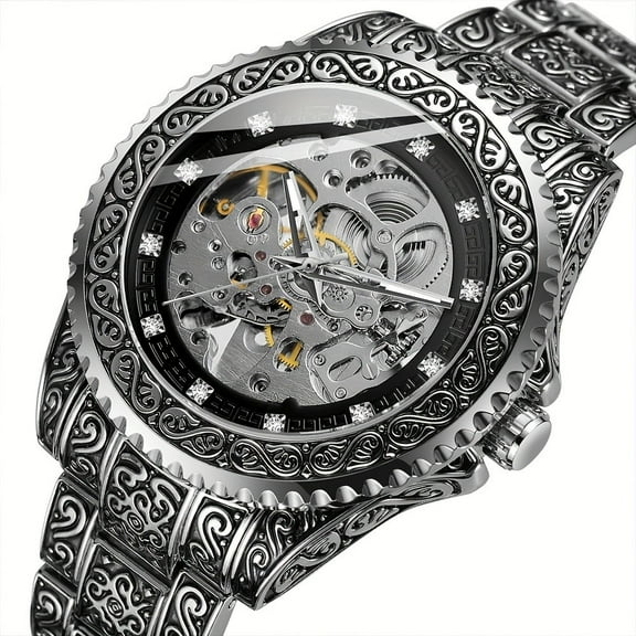 Men's Fashion Mechanical Watch Stainless Steel Retro Carved Sports Hollow Waterproof Fully Automatic Mechanical Watch