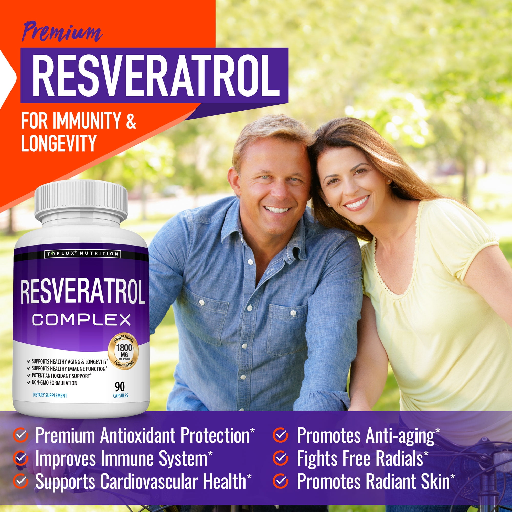 Toplux Resveratrol Supplement 1800mg Trans-Resveratrol for Antioxidant Anti-Aging Support 90 Capsules