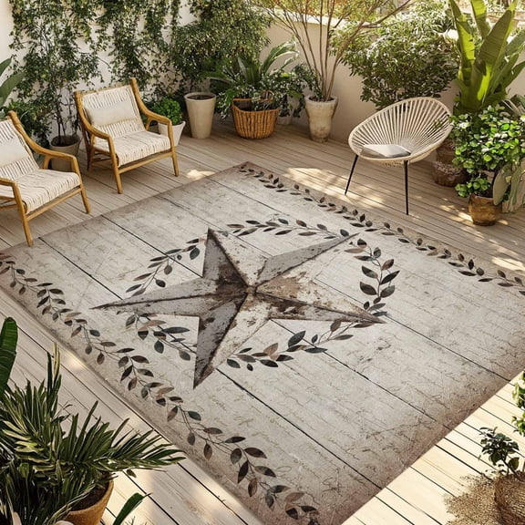 Western Stars Farmhouse Outdoor Rug for Patio/Deck/Porch, Non-Slip Large Area Rug 3 x 5 Ft, Vintage Wheat Rings Wooden Stripes Indoor Outdoor Rugs Washable Area Rugs, Camping Rug Carpet Runner