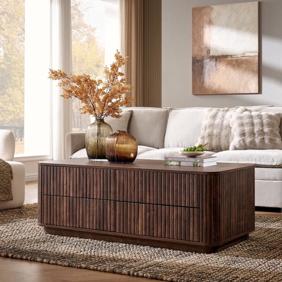 IFMUST 51" Modern Fluted Coffee Table with 4 Hidden Drawers, Curved Edges, for Living Room