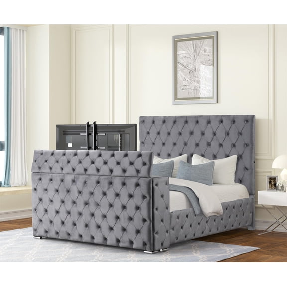 Encore Queen Bed with TV Storage and Fireplace in Gray(TV NOT INCLUDED)