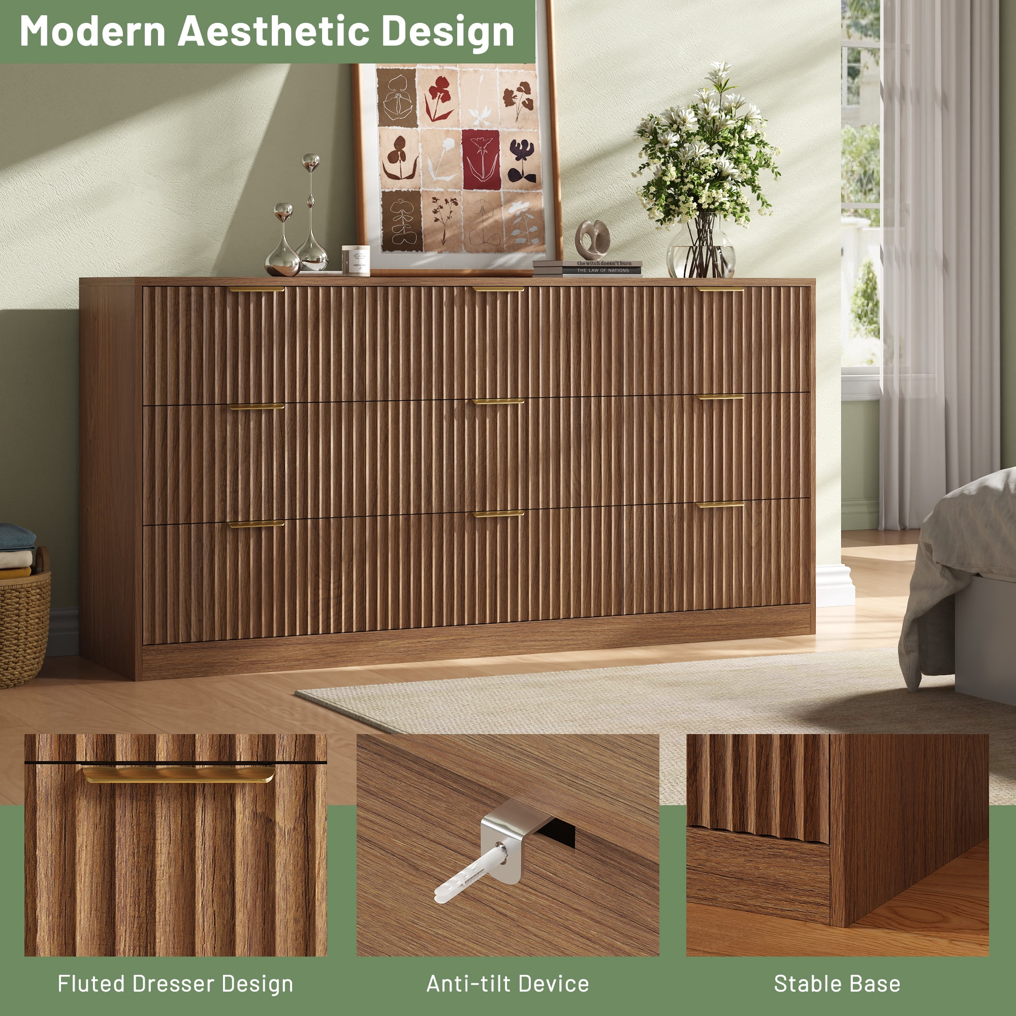 ASTUVIA 63" W Fluted 9 Drawer Dresser for Adult,Wooden Bedroom Dresser,Dresser TV Stand up to 70" for Living Room,Oak