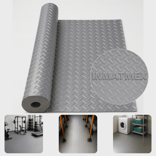 PISO TAPETE ANTIDERRAPANTE 2X10M PARA GIMNASIO IMPERMEABLE GRIS ESPIGAS INMATMEX