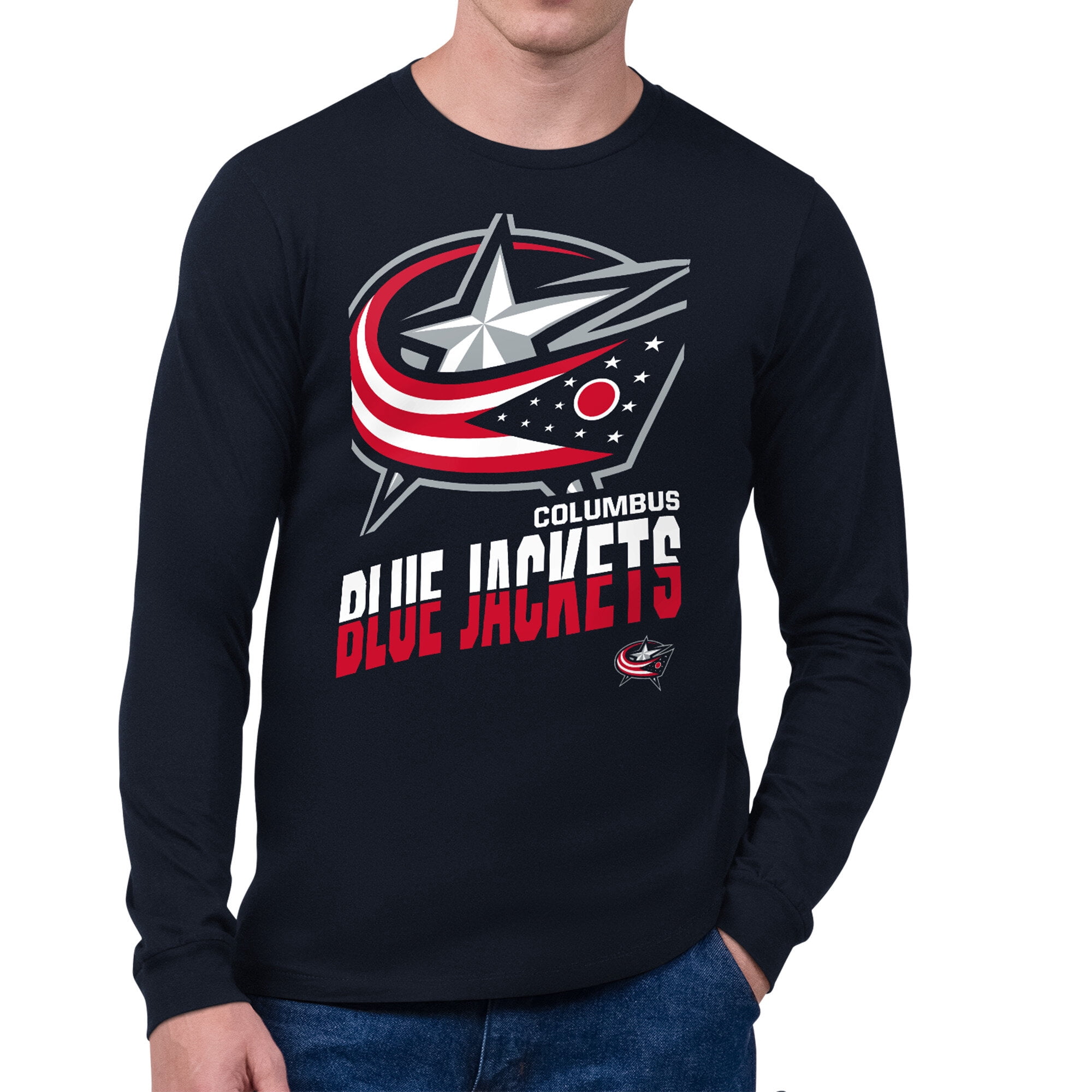 Men's Starter Navy Columbus Blue Jackets Logo Zoom Long Sleeve T-Shirt