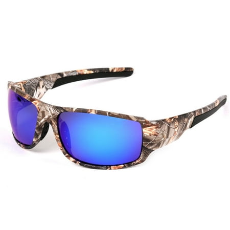 Outdoor Sport Sunglasses with Camouflage Frame Polaroid Glasses for Fishing Hunting Boating Lenses Color:Blue