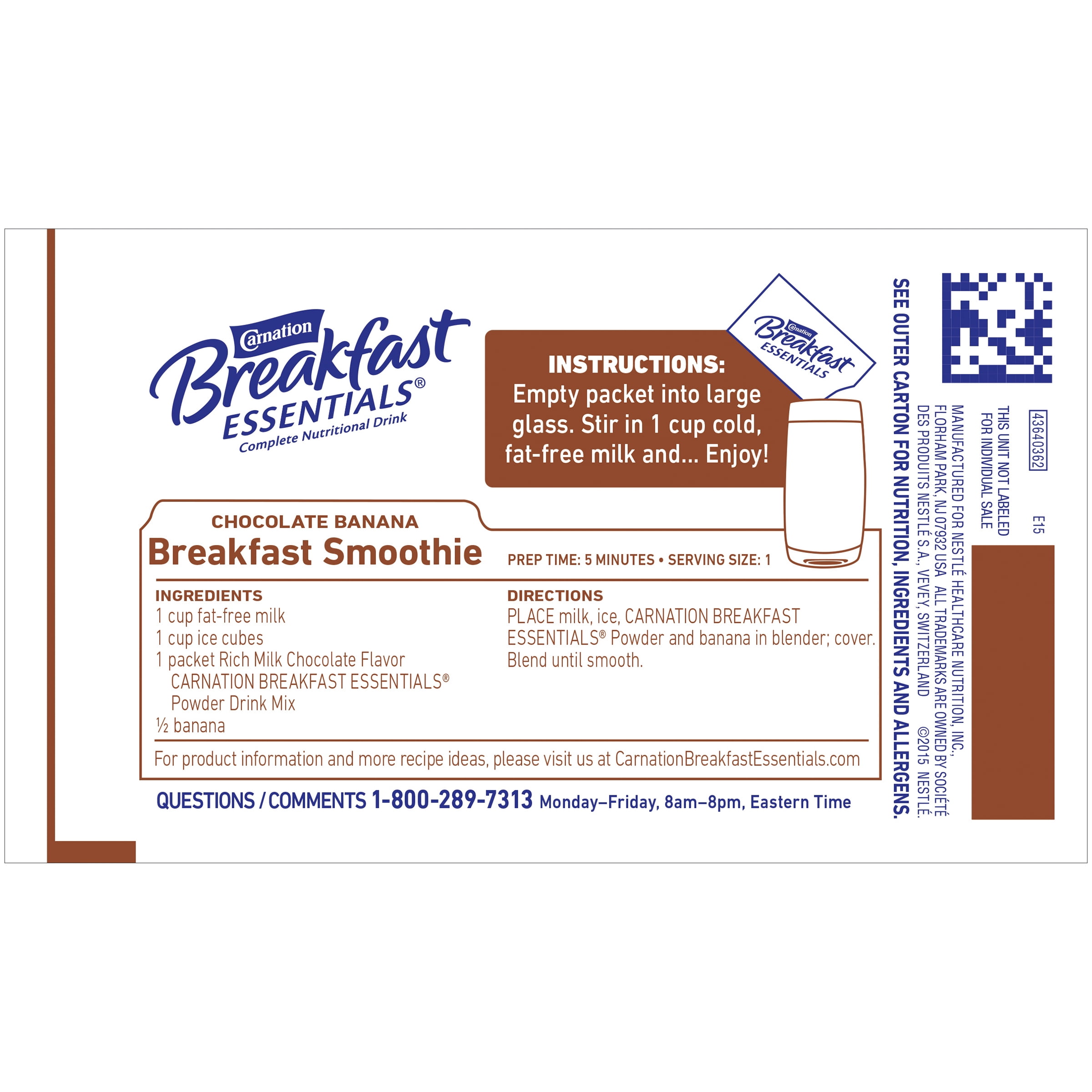 Carnation Breakfast Essentials Powder Protein Nutritional Shake Drink Mix Packets, Rich Milk Chocolate Breakfast Shake, 22 Count