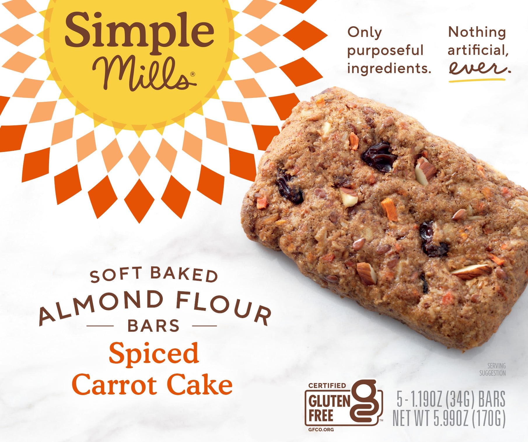 Simple Mills Soft Baked Almond Flour Bars, Spiced Carrot Cake, Gluten-Free, 5 Count