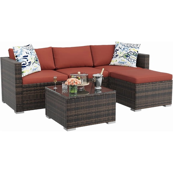 5-Piece All-Weather Patio Furniture Set, Convertible Outdoor Sectional Sofa with Ottoman & Tempered Glass Table, PE Rattan Conversation Set for Garden, Backyard, Porch, Poolside