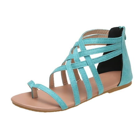 

2022 New Women s Roman Gladiator Sandals Clip-Toe Woven Crisscross Zip Closure Flat Leather Shoes Summer Low