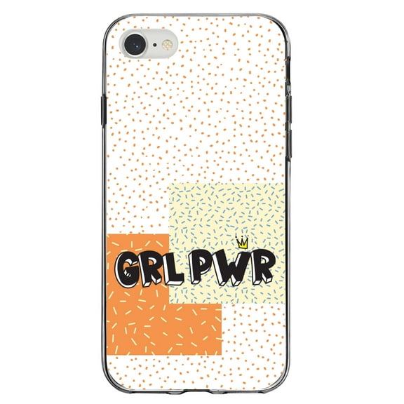 DistinctInk Clear Shockproof Hybrid Case for iPhone 7 8 SE (2020 Model) 4.7" Screen TPU Bumper Acrylic Back Tempered Glass Screen Protector - Girl Power - GRL PWR - Crown, Polka Dots
