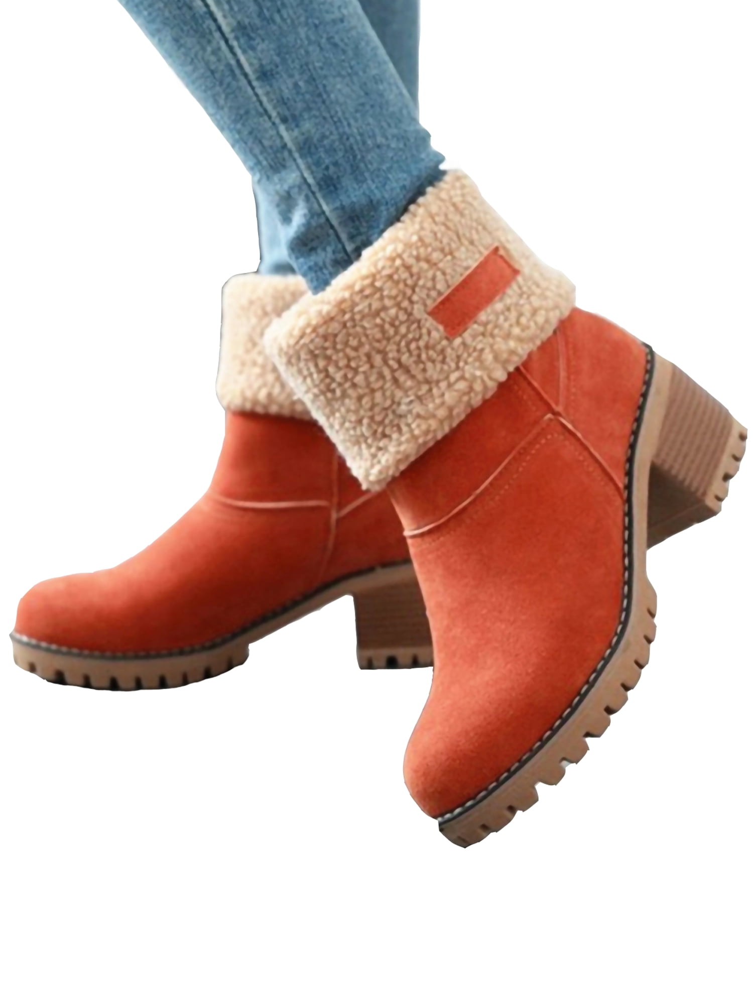 Womens Winter Mid-Calf Snow Boots Warm Lace UP Chunky Block Heel Round Toe Fur Outdoor Fashion Riding Ankle Boots 