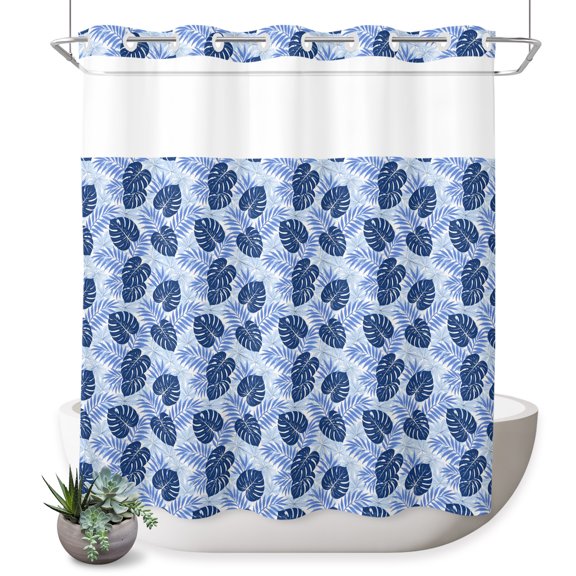 No Hook Shower Curtain, Monstera Leaves Shower Curtains for Bathroom with See Through Top Window, Summer Rustic Pastoral Palm Leaf Blue Waterproof & Washable Bath Curtain 66"x72"