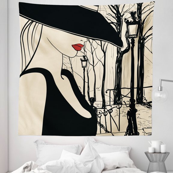 Paris Tapestry, Young European Woman with a Hat in Paris Montmartre Streets Art, Fabric Wall Hanging Decor for Bedroom Living Room Dorm, 5 Sizes, Black Beige and Red, by Ambesonne