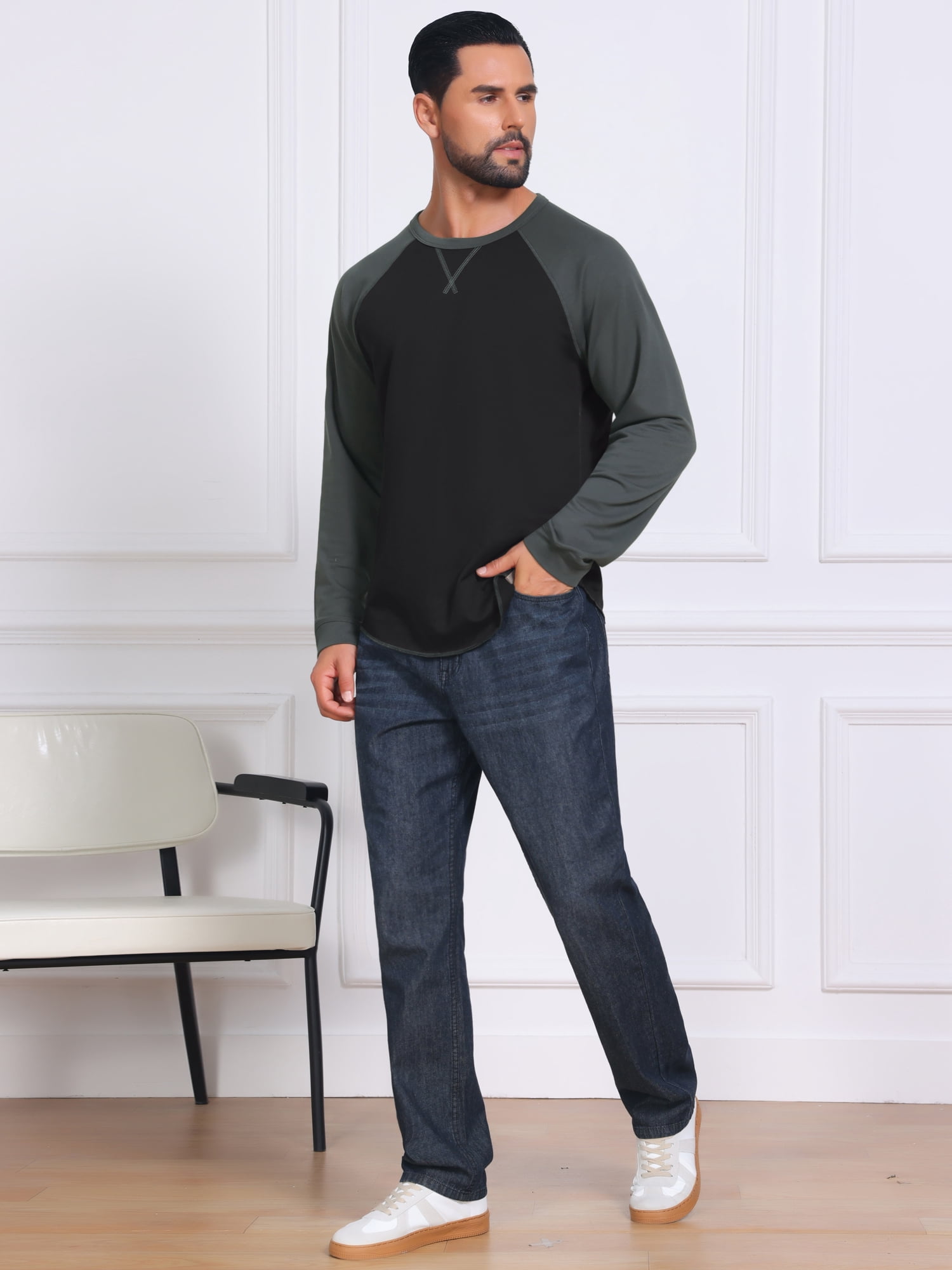 DARING DIVA Men's Long Sleeve Color Block Casual Raglan T-Shirt S Gray Black