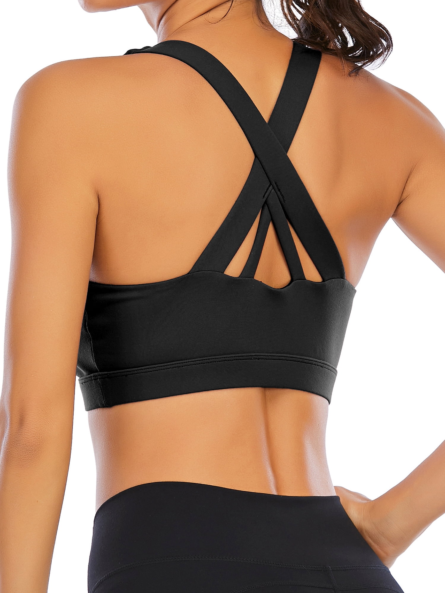 Junlan Lace Trim Cross Front Removable Cups Light Support Yoga Sports Bra Black 