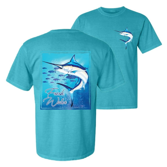 Wild Bobby, Fresh Water Swordfish Atlantic Pacific Fish, Fishing, Front and Back Garment-Dyed Short Sleeve Tees, Blue Lagoon, Small