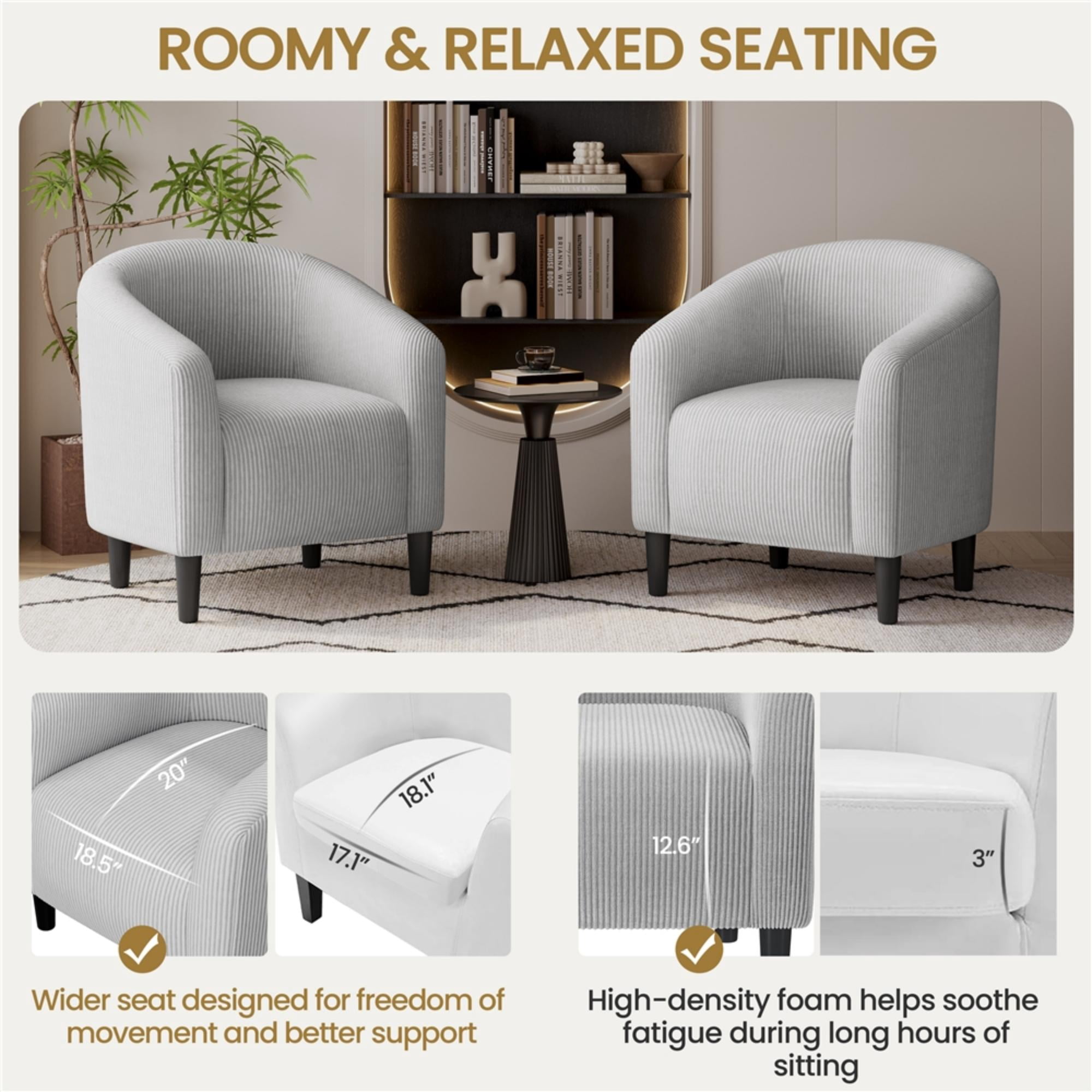 Renwick Corduroy Fabric Accent Barrel Chair with Elastic Foam Fills, Light Gray
