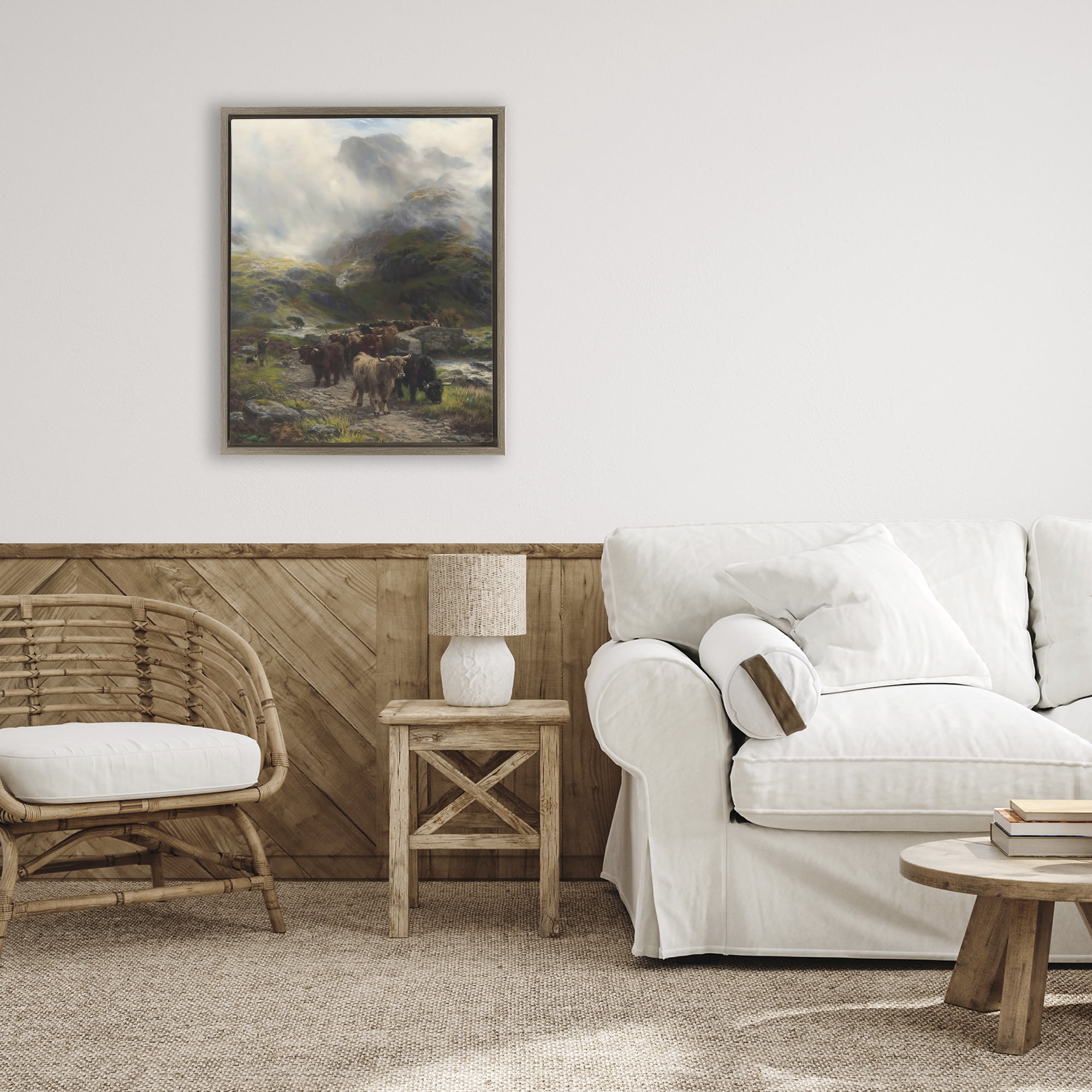 Stupell Industries Moody Highland Cows Herd Brown Framed Floater Canvas Wall Art, design by Arlington Prints
