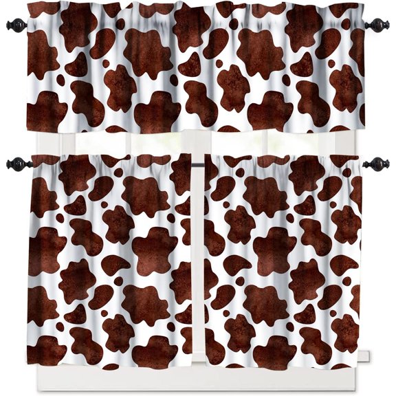 Vintage Brown Cow Print Kitchen Curtain Tiers and Valance Curtain Sets,Youth Kids Bedroom Living Room Decorative Window Valance 3 Sets