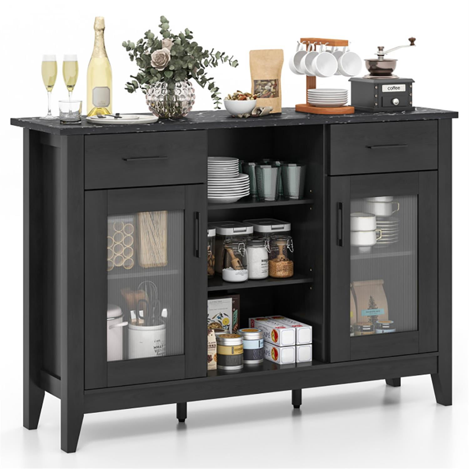 Demi Bonn 52" Sideboard Buffet Cabinet with 2 Drawers and 4 Adjustable Shelves, Kitchen Storage Cabinet, Wood Coffee Bar Buffet Table for Dining Room, Black