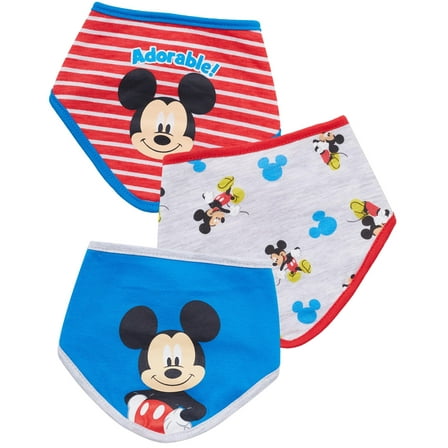 Disney Baby Unisex Mickey Mouse Bandana Bib 3-Pack - Mickey Mouse Baby Bibs Blue/Red/Grey, 0-12M