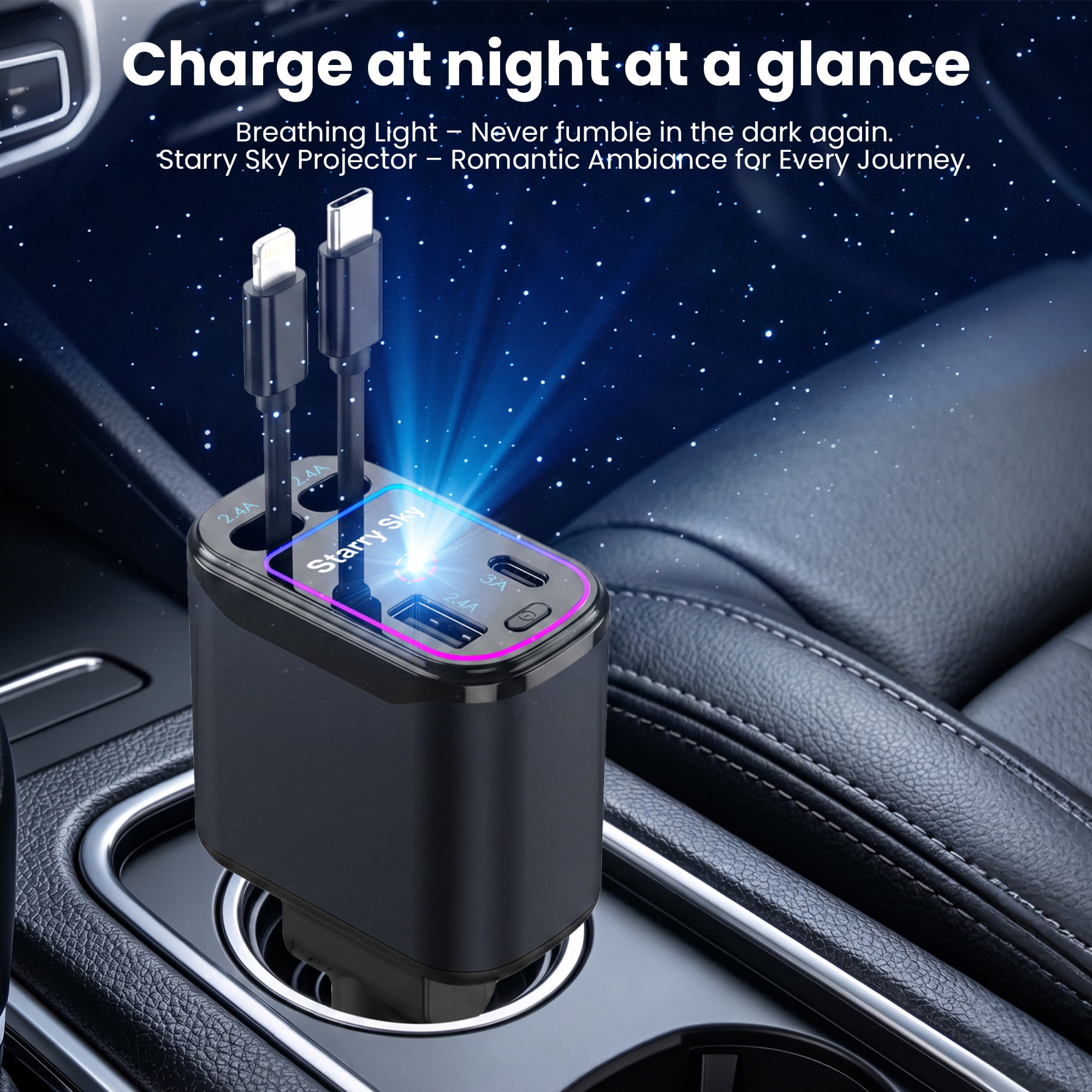 DAYBETTER 4-in-1 Car Charger with Light & Star Projector, Fast Charging with USB-C & A for iPhone, Galaxy, Samsung, Car Accessories for Mother’s Day gifts