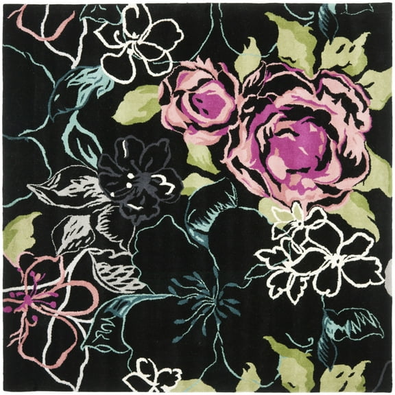 SAFAVIEH Wyndham Mira Floral Rose Wool Area Rug, Black/Multi, 7' x 7' Square