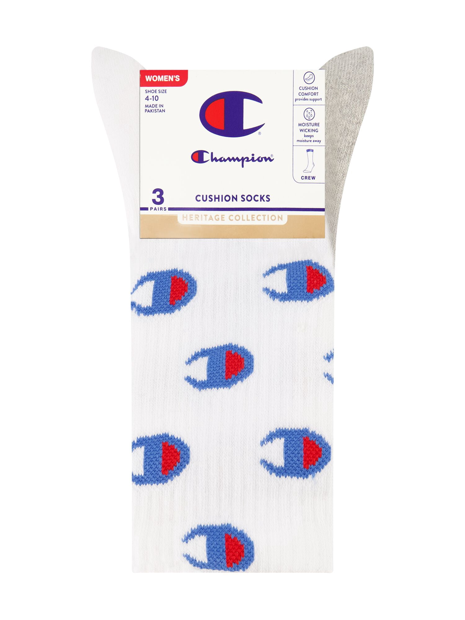 Champion Women’s Cushion Crew Socks Heritage Collection, 3 Pack, Sizes 4–10