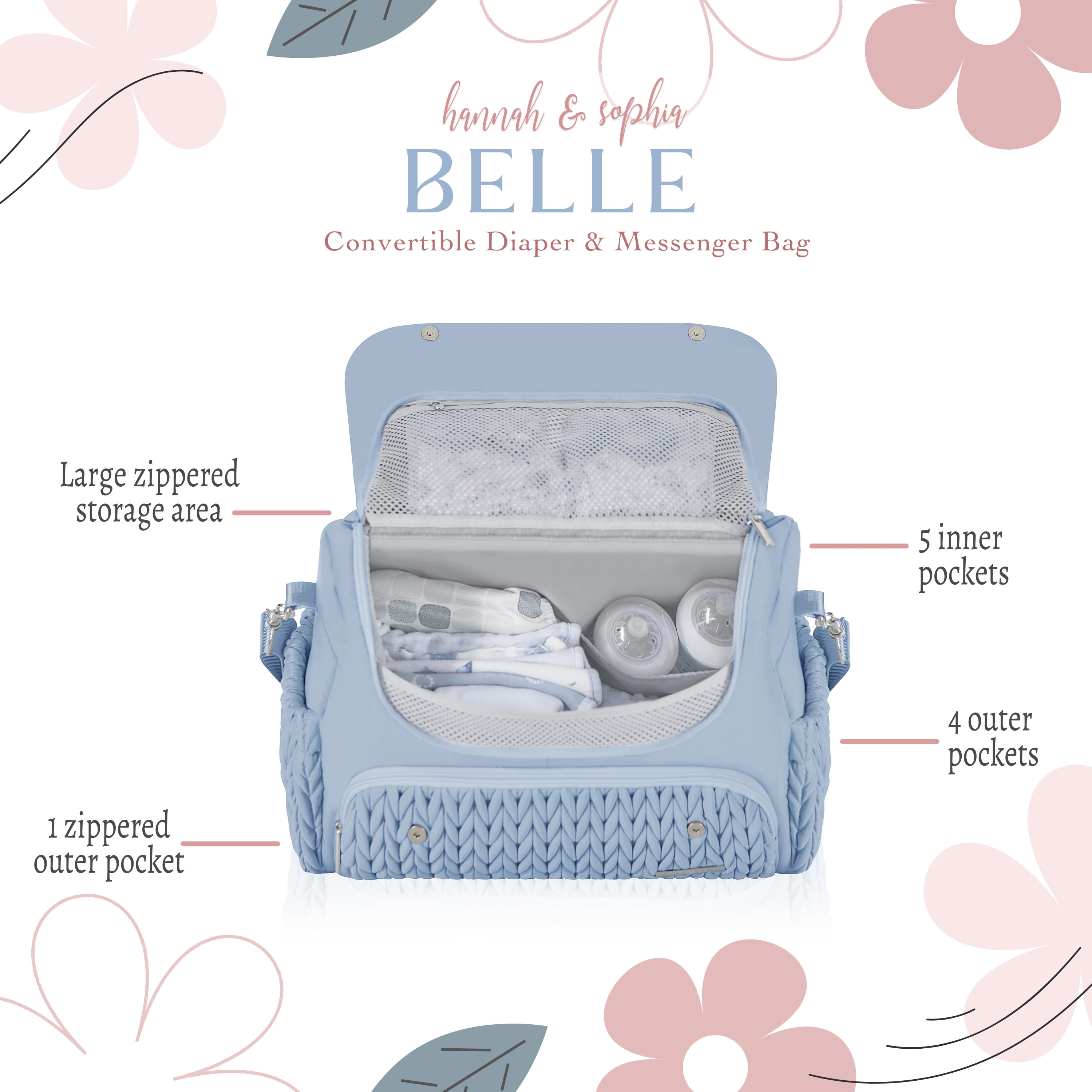 Sac à dos et sac messager convertible pour couches Hannah & Sophia Belle, bleu brume lunaire