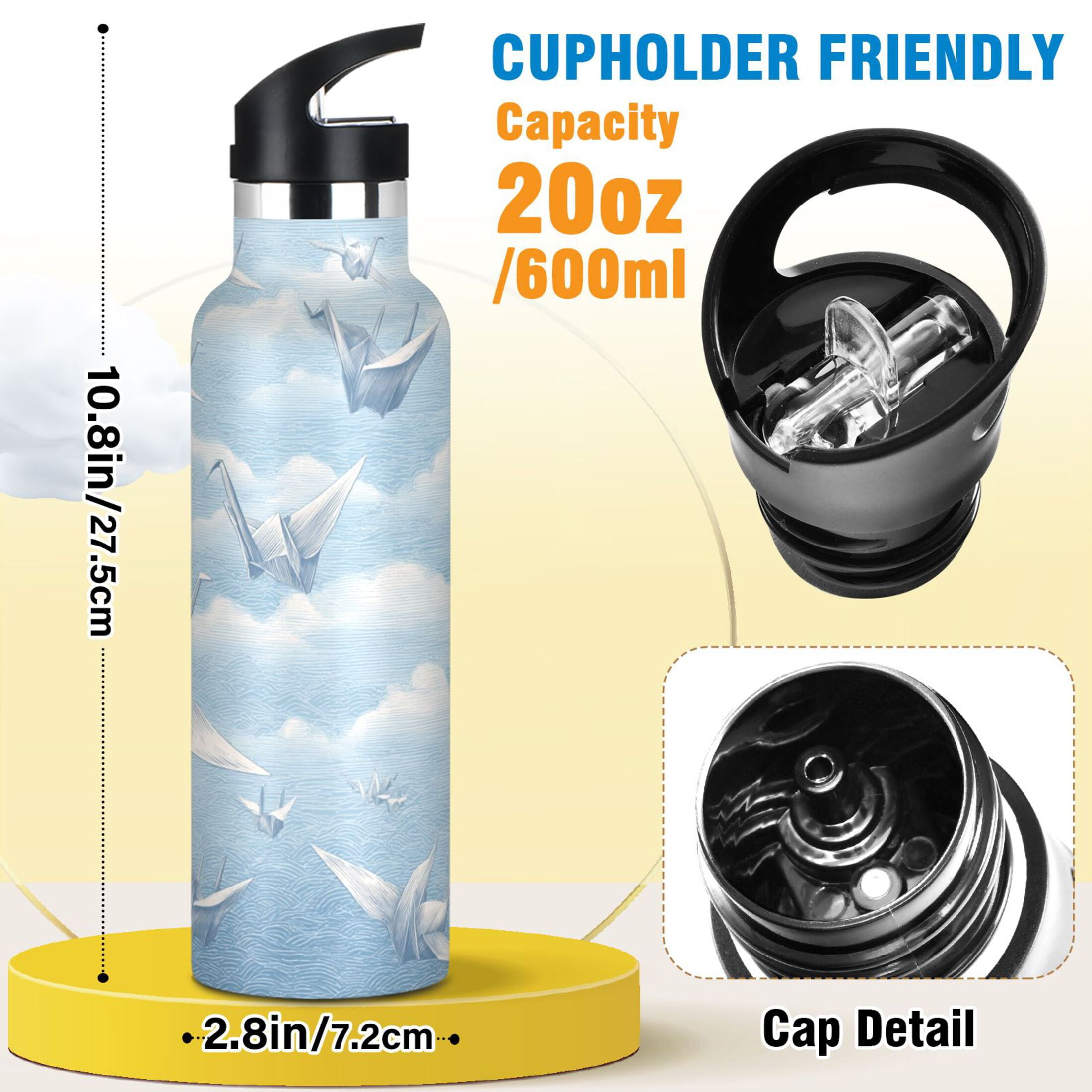 Kids Insulated Stainless Steel Sports Water Bottle 600ml (20oz) Light Blue Paper Cranes