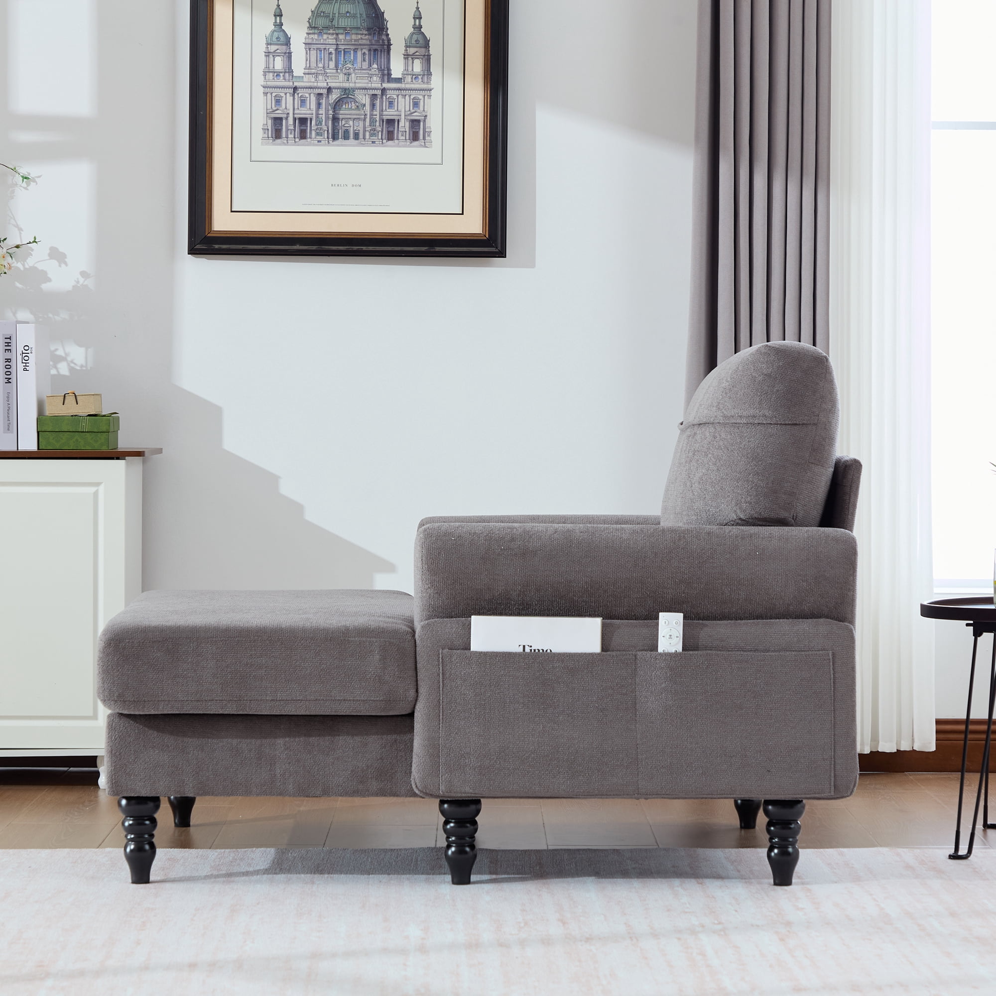 Leumius Chaise Lounge Indoor,Plush Chenille Upholstered Single Sofa Bed with Wooden Sofa Legs and Armrests,Armchairs Reading Chairs for Living Room,Dark Gray
