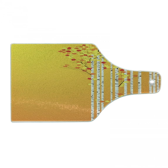 Forest Cutting Board, Warm Colored Background with Autumn Season Birch Foliage Wilderness Illustration, Tempered Glass Cutting and Serving Board, Wine Bottle Shape, Multicolor, by Ambesonne