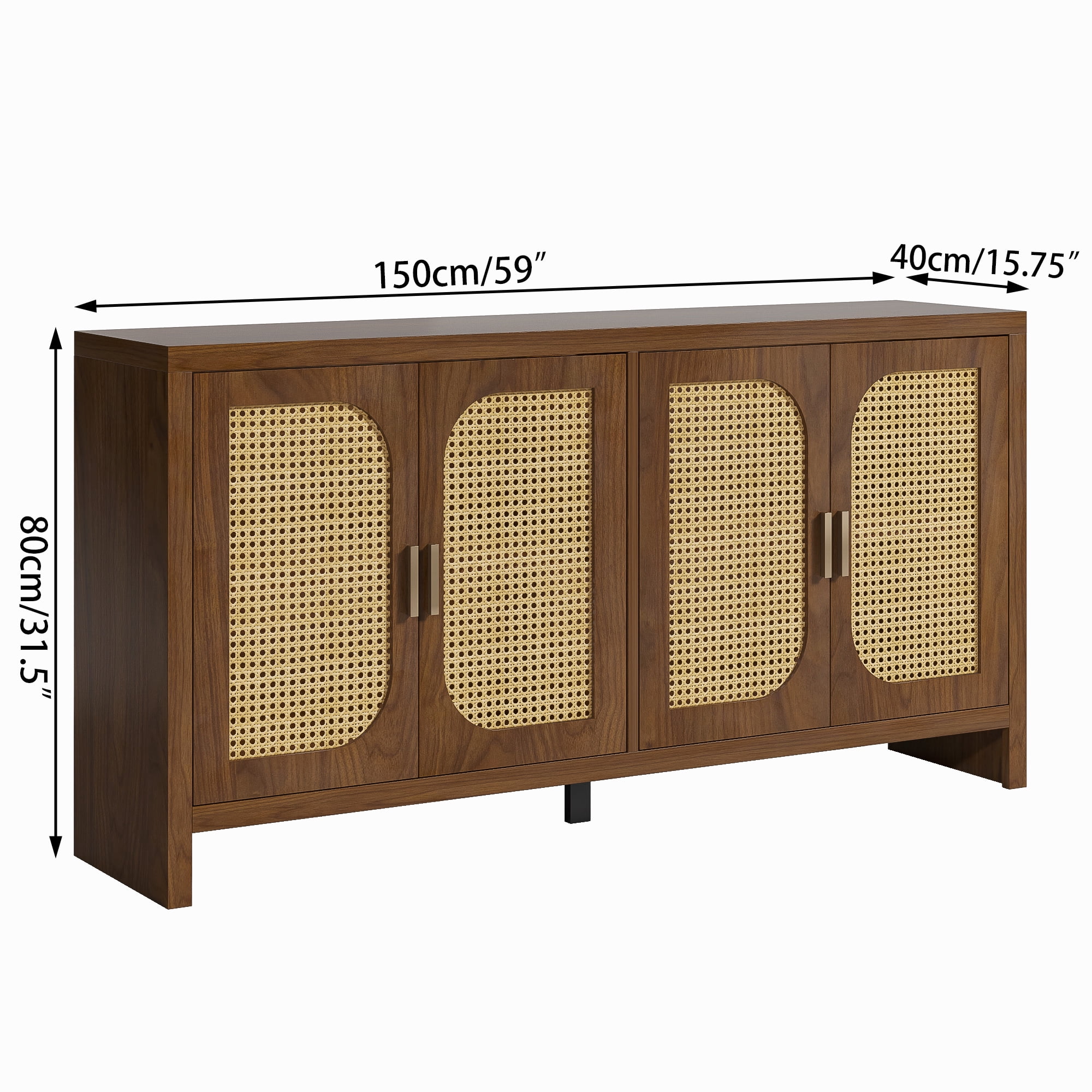 Sideboard Cabinet with 4doors, Buffet Cabinet, Rattan Cabinets with Storage, for Kitchen Living Room, Walnut