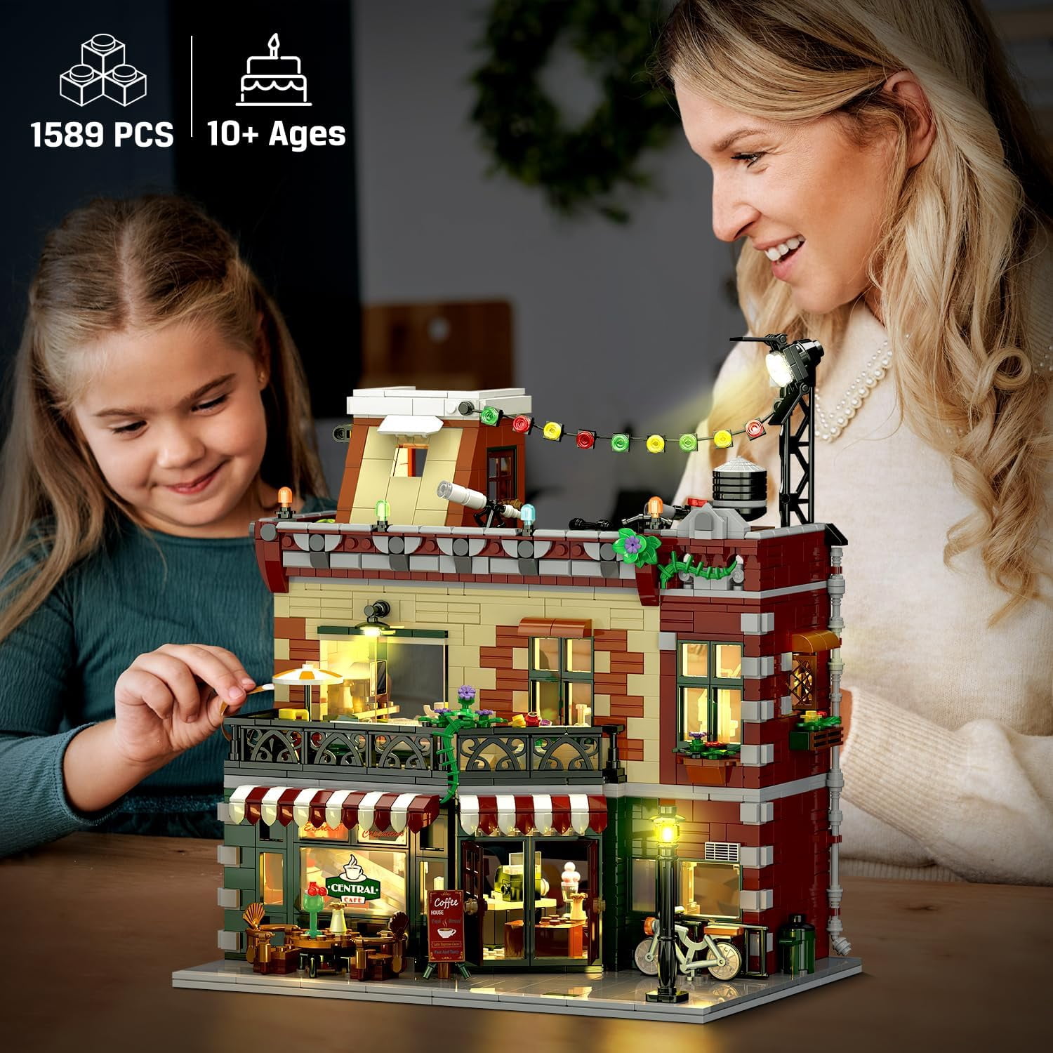 TERRAMUS Cafe Shop Building Kit with LED Light, 1589 Piece City Street View Building Blocks Set, Coffee House Construction Toy for Ages 12+
