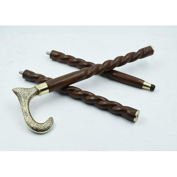 NAUTICALMARTUS Solid Brass Royal Design Handle Cane Wooden Walking Stick Nautical Cane 3 Part Folding Walking Stick Men & Women Gift