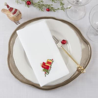 

Fennco Styles Embroidered Cloth Napkins 20 W x 20 L Set of 4 - White Festive Dinner Napkins for Christmas Winter Festival Dining Table Family Gatherings Banquets & Home Décor