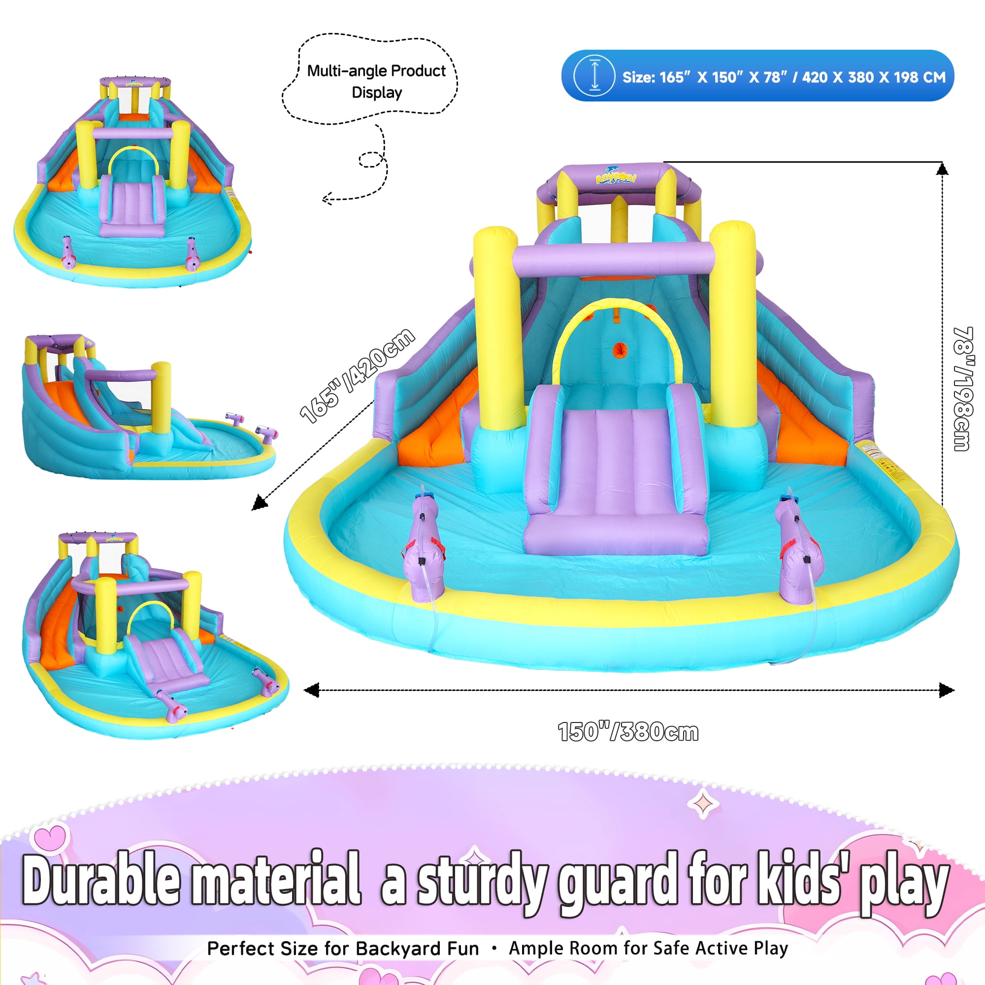 Anypool 7-in-1 Inflatable Water Slide Bounce House with 3 Slides, Splash Pool, Climbing Wall, Water Gun & Basketball 168 x 150 x 78 inches 520W Blower Outdoor Backyard Fun