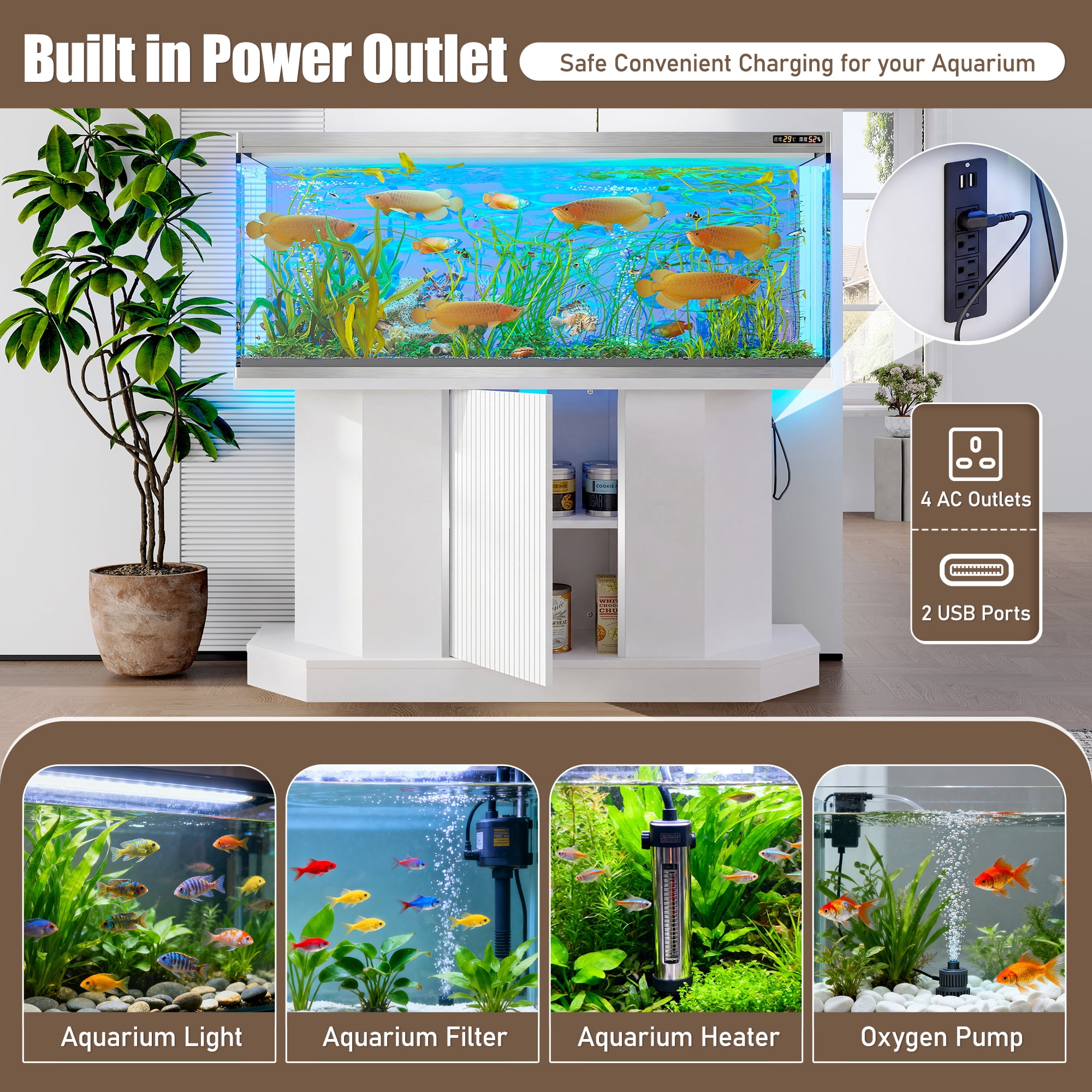 Aukfa 55-75 Gallon Fish Tank Stand with Storage & Charging Station, Heavy Duty Aquarium Stand for Turtle/Reptile, 880LBS Capacity,White