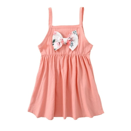 

Kucnuzki Toddler Baby Girl Clothes 18 Months Summer Dress 24 Months Sling Cute Bowknot Solid Color High-Waist Ruffles Layer Braces Dress Pink
