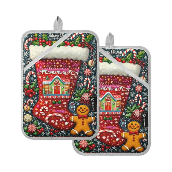 Christmas Theme Oven Mitts Pot Holders 2 pcs Heat Resistant for Kitchen Baking Grilling