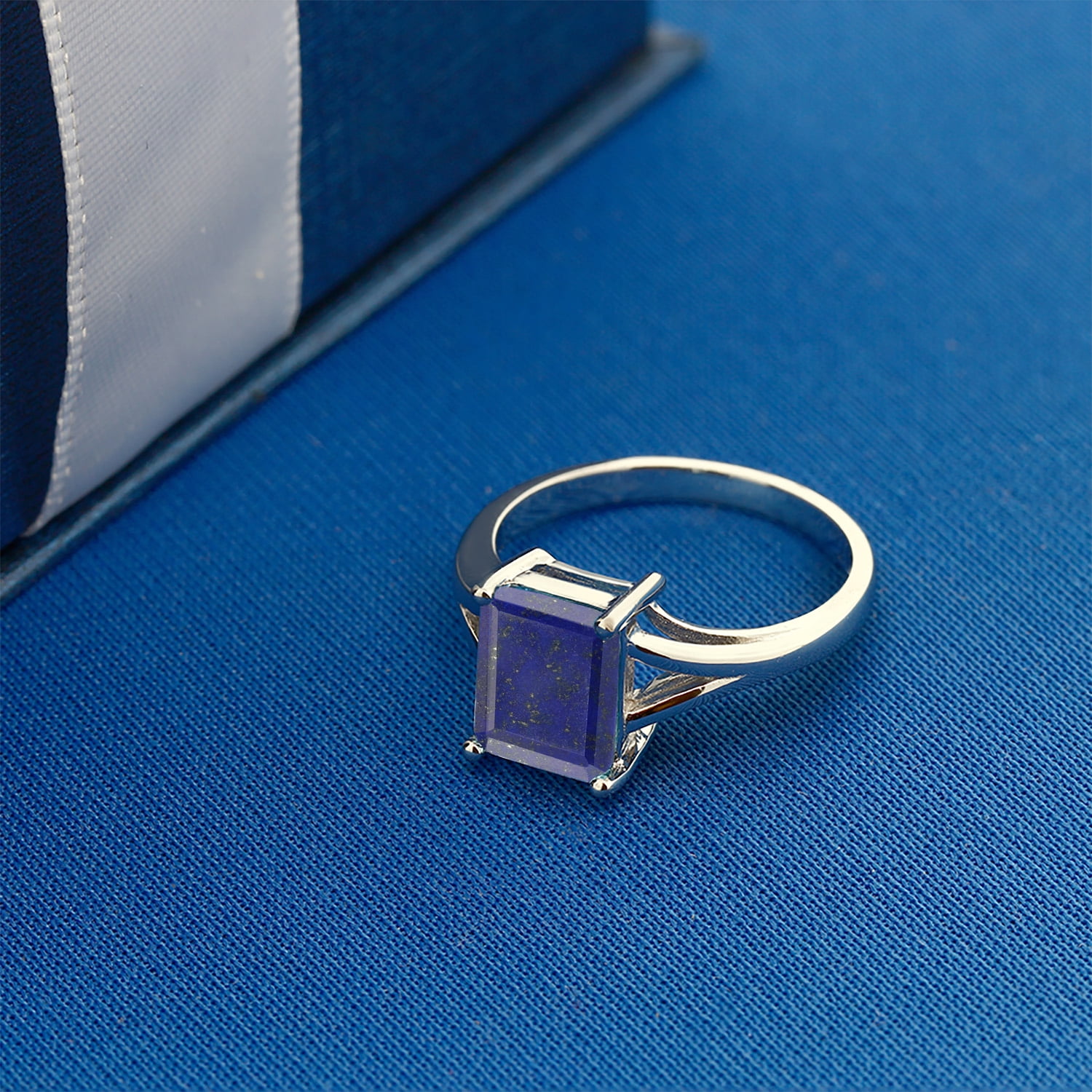 Gem Stone King 925 Sterling Silver Blue Lapis Solitaire Engagement Ring for Women (2.00 Cttw, Emerald Cut 9X7MM, Gemstone Birthstone, Available in Size 5,6,7,8,9)