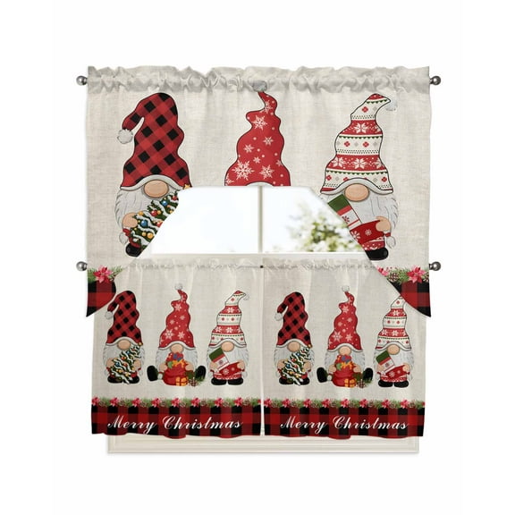 Red Gnomes Christmas Kitchen Curtains Swag Valance and Tier Curtains Set 24 Inch Length, Checkered Farmhouse Winter Poinsettia Rod Pocket Drape Panels Pair Swag Curtains for Bathroom/Cafe/Window