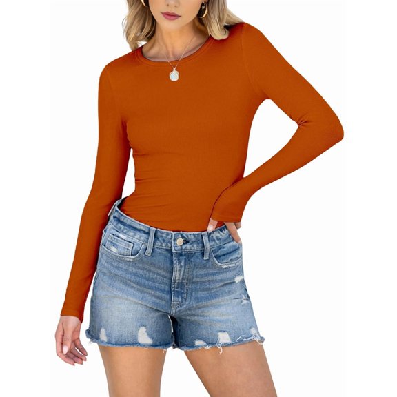 Women Long Sleeve Shirts Rib Knit Slim Fit Tops Fall Outfits Casual T-Shirt Underscrubs Layer Clothes Orange S