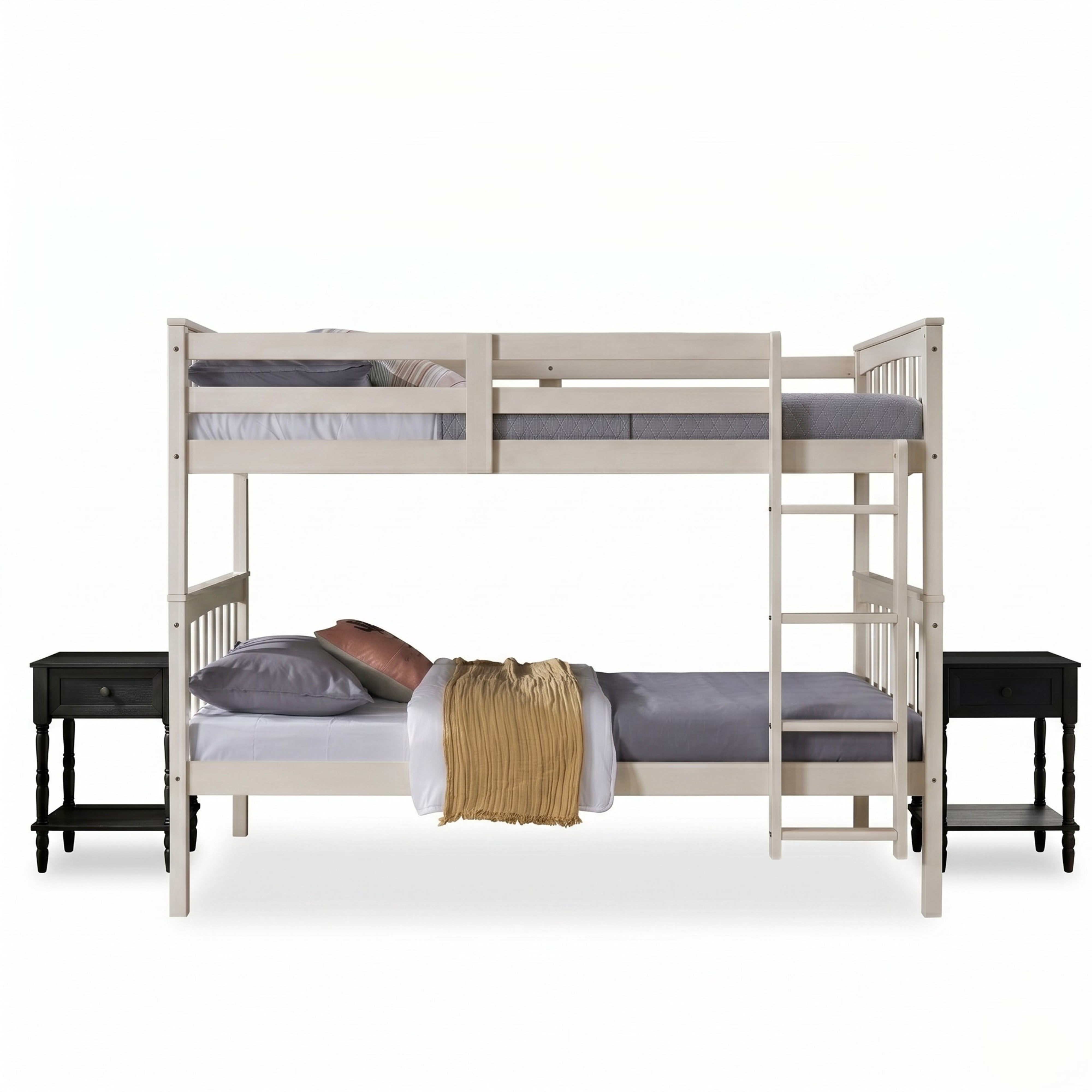 Home Design Ames Twin Over Twin Solid Wood Bunk Bed with 2 Ruston Nightstand – 3-Piece Space-Saving Bedroom Set, Antique White/ Black