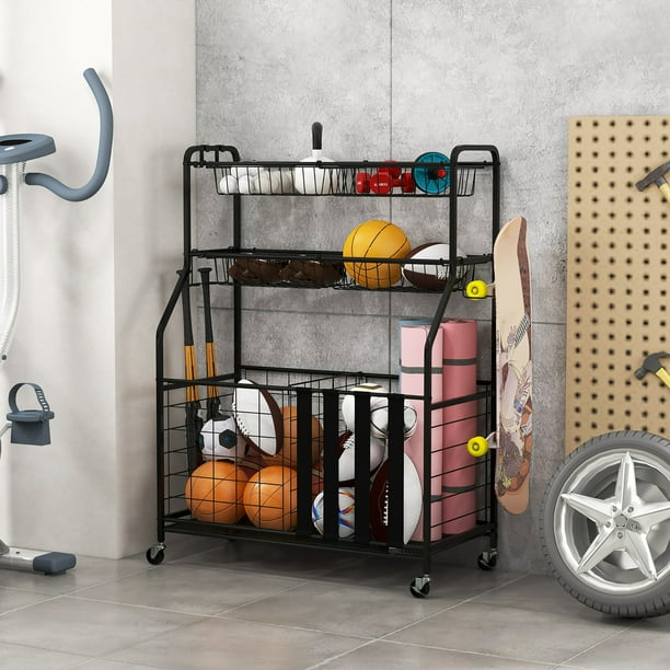 Support de rangement pour ballons de sport - Bac de rangement pour ballons de sport pour garage, extérieur, intérieur, grande capacité - Chariot de rangement à roulettes - Panier en acier